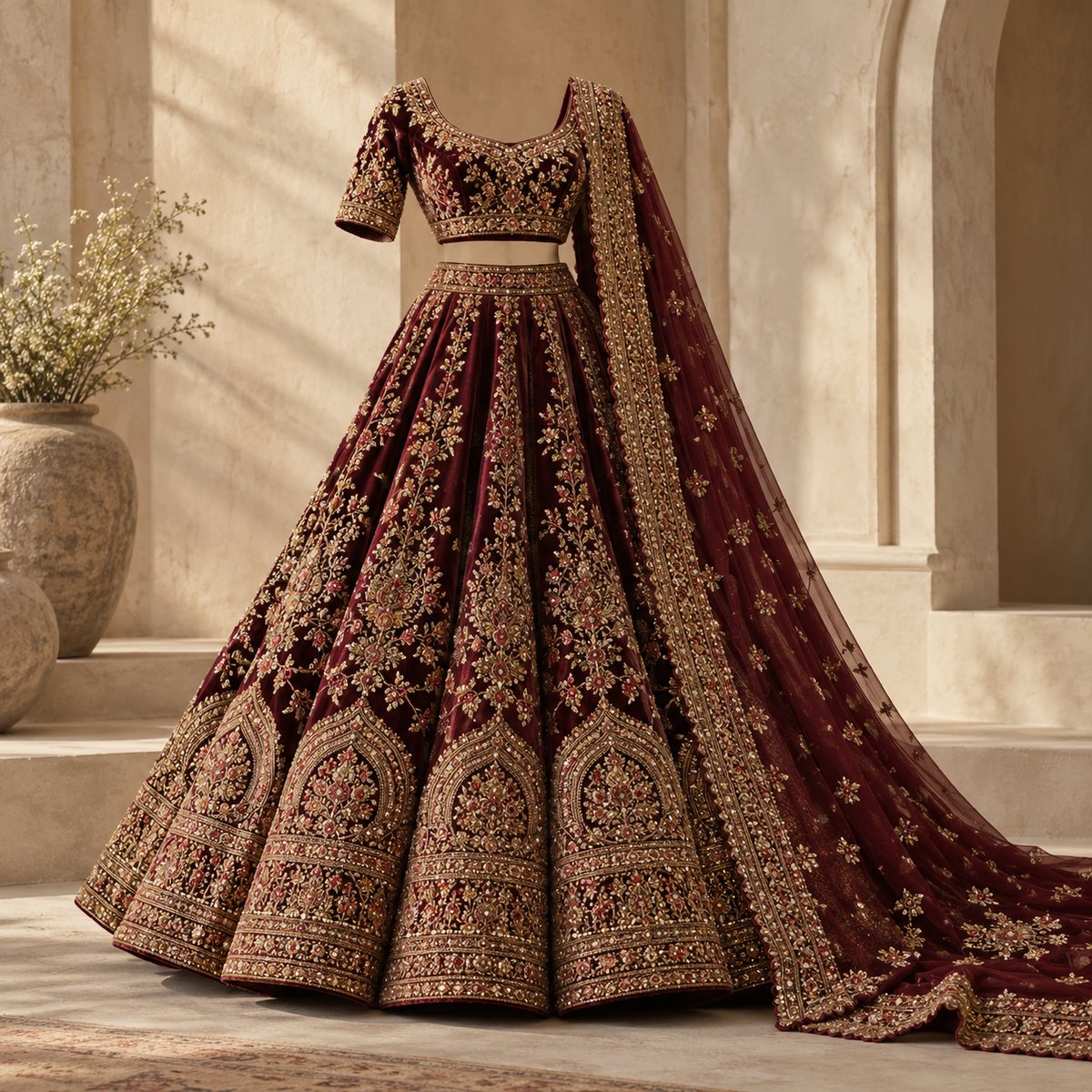 Intricately hand-embroidered maroon and antique-gold Indian lehenga displayed without a model in a warm sandstone setting